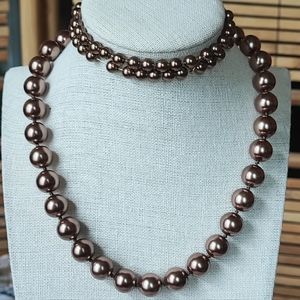 Cocoa Chocolate Brown Kissaka Pearl Necklace Matching Stretch Bracelet Set EUC